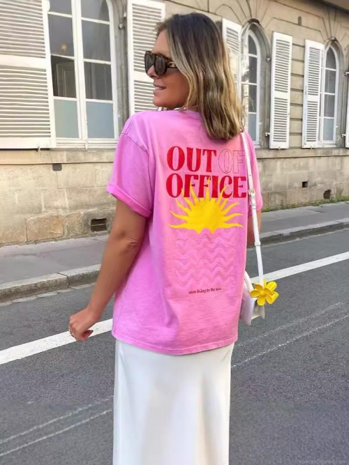 Women's Pink Cotton Short Sleeve T-Shirt With Out Of Office Letter Print Summer Vacation Casual Loose Fit Oversized Tee Streetwear Dopamine Style Top