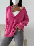 Women's Knit Cardigan Cotton Acrylic Blend Distressed Sweater V Neck Button Down Loose Fit Daily Streetwear Y2K Aesthetic American Vintage Style Long Sleeve Oversized Pink Top