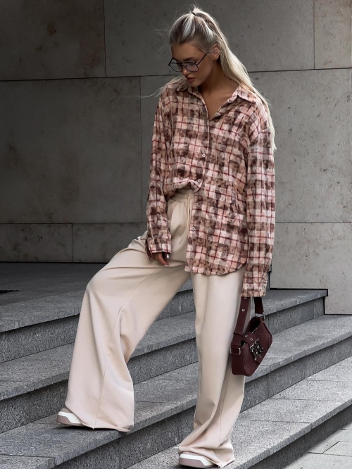 Women's Casual Oversized Plaid Long Sleeve Shirt Distressed Cotton Blouse Loose Mid-Length Button Down Tops for Streetwear Daily Autumn Lady