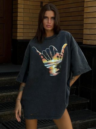 Women Oversized Distressed Cotton T-Shirt Vintage Washed Shaka Hand Sign Sunset Print Short Sleeve Streetwear Tee Top For Summer Daily