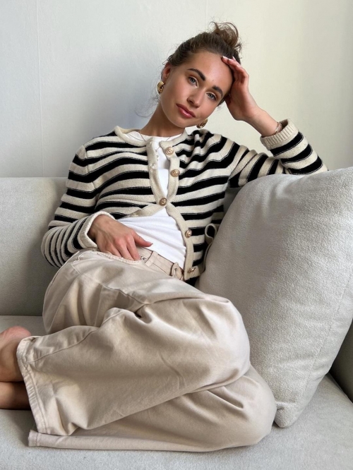 French Style Retro Striped Knit Cardigan For Women Cotton Wool Blend Round Neck Long Sleeve Sweater With Gold Buttons Autumn Winter Slim Top