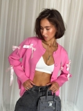 Women Elegant Pink Knitted Cardigan Sweater With Satin Ribbon Bow Decor Long Sleeve Cotton Blend Single Breasted Loose Fit Casual Chic Tops