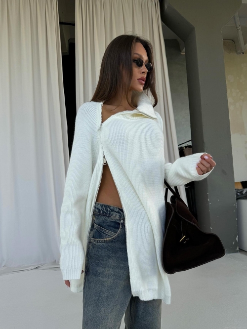 Women Asymmetric Diagonal Zipper High Neck Knit Sweater Minimalist Cotton Blend Ribbed Pullover Oversized Long Sleeve Side Slit Streetwear Jumper Top