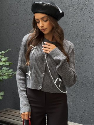 Women's Elegant Grey Knit Cardigan Sweater Cotton Acrylic Blend Round Neck Long Sleeve Button Down Short Top With White Bow-knot Details For Casual Early Autumn Daily Wear