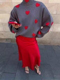 Women's French Casual Oversized Knit Sweater Cotton Acrylic Blend Flocked Red Heart Pattern Loose Round Neck Long Sleeve Pullover Early Autumn Streetwear Top