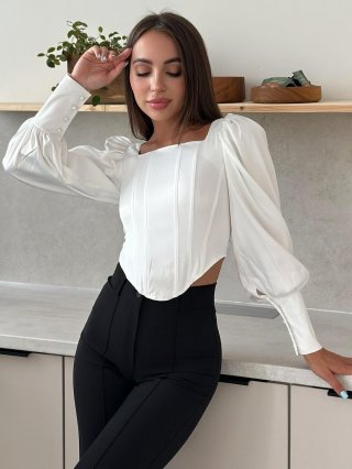 Women's Sexy French Square Neck Satin Blouse Lantern Long Sleeve Corset Top With Fishbone Lace Up Back Solid White Slim Fit Short Shirt For Party Streetwear