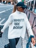 Women's High Neck Letter Print Cotton Blend Knit Sweater Casual Loose Long Sleeve Pullover Tops For Autumn Streetwear Comfort Mid-Length Jumper