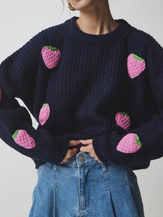 Women's French Style Knitted Sweater Cotton Blend Strawberry Embroidery Pullover Round Neck Long Sleeve Casual Autumn Winter Tops For Women