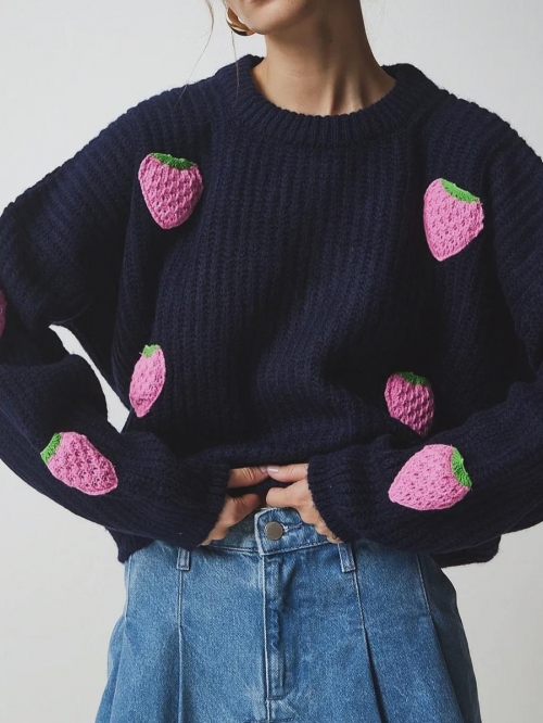 Women's French Style Knitted Sweater Cotton Blend Strawberry Embroidery Pullover Round Neck Long Sleeve Casual Autumn Winter Tops For Women