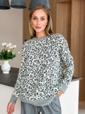 Women's Leopard Print Crewneck Knit Sweater Loose Long Sleeve Cotton Blend Pullover Casual Streetwear Jumper Tops