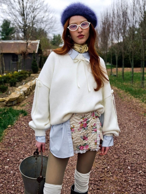 Women's Vintage Sweet Bow Decor Knitted Sweater Cotton Blend Round Neck Long Sleeve Pullover Autumn Winter Casual Elegant Knitwear Tops