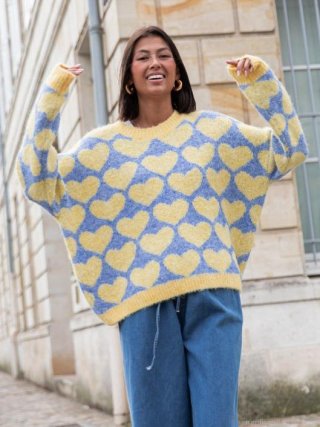 Women's Heart Pattern Knit Sweater Oversized Round Neck Long Sleeve Cotton Blend Pullover Casual Autumn Winter Lazy Style Jumper Tops