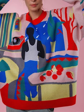 Women's Artistic Jacquard Sweater Retro Abstract Portrait Record Player Pattern Cotton Acrylic Blend Oversized Crew Neck Long Sleeve Streetwear Top