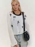 Women's Street Style White Distressed Knit Sweater With Black Ribbon Bows Splicing Long Sleeve Round Neck Loose Pullover Autumn Top Casual Sweet Cool Knitwear