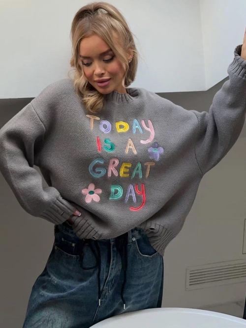 Women's Loose Oversized Acrylic Wool Knit Sweater Colorful Letter Flower Embroidery Distressed Round Neck Long Sleeve Pullover Lazy Style Top