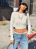 Women Sexy Cropped Knit Sweater Cotton Viscose Blend Long Sleeve Round Neck Slim Fit Openwork Textured Top Streetwear Y2K Spice Girl Style