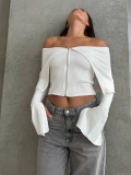 Women Sexy Off The Shoulder Ribbed Knit Top Zipper Front Flared Long Sleeve Slim Fit Solid Color Cardigan Streetwear Autumn Fashion Sweater For Lady