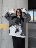 Women's Oversized Knit Sweater Acrylic Long Sleeve Round Neck Abstract Ink Splash Print Pullover Streetwear Loose Top Casual Jumper