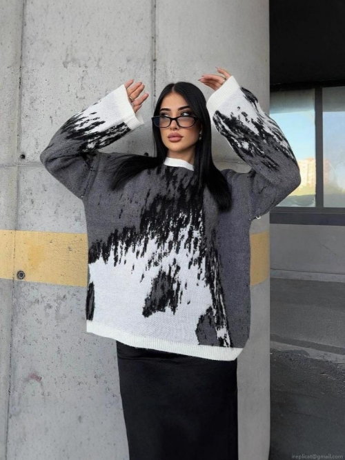 Women's Oversized Knit Sweater Acrylic Long Sleeve Round Neck Abstract Ink Splash Print Pullover Streetwear Loose Top Casual Jumper