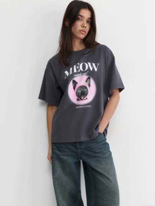 Women's Oversized Cotton T-Shirt Funny Cat Graphic Letter Print Short Sleeve Round Neck Summer Casual Streetwear Tee Top