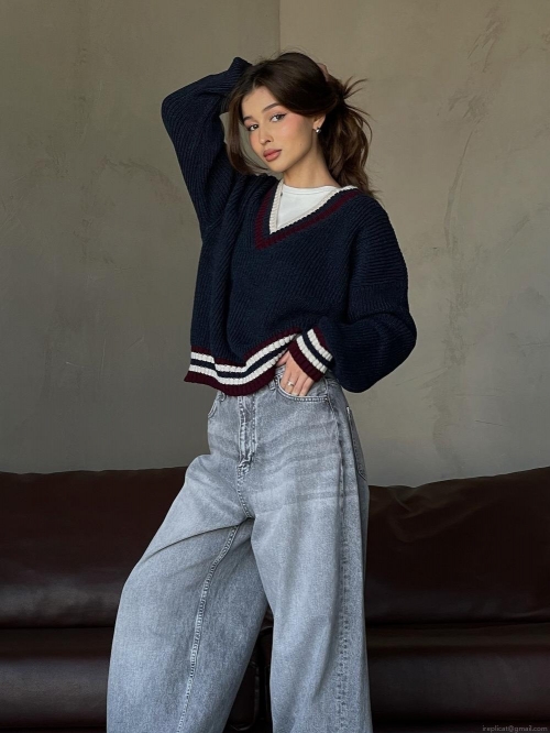 Women's V-Neck Striped Knit Sweater Oversized Long Sleeve Pullover Acrylic Cotton Blend Preppy Casual Loose Jumper Top Navy Blue