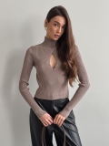 Women's Sexy Hollow Out Turtleneck Ribbed Knit Sweater Slim Fit Long Sleeve Solid Color Pullover Top Casual Chic Streetwear Autumn Winter Jumper