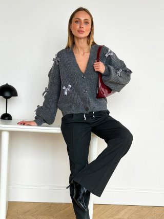 Women Grey Knit Cardigan Sweater With Satin Bowknot V Neck Single Breasted Long Sleeve Acrylic Wool Blend Patchwork Elegant Casual Streetwear Tops