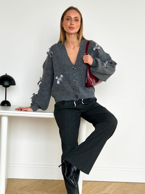 Women Grey Knit Cardigan Sweater With Satin Bowknot V Neck Single Breasted Long Sleeve Acrylic Wool Blend Patchwork Elegant Casual Streetwear Tops