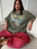 Women's Oversized Washed Cotton T-Shirt Vintage Rock Eagle Print Short Sleeve Loose Fit Streetwear Top Retro Round Neck Casual Fashion Tee