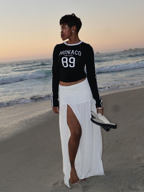 Women's Long Sleeve T-Shirt Cotton Blend Monaco 89 Letter Print Stripe Slim Fit Round Neck Casual Streetwear Pullover Top