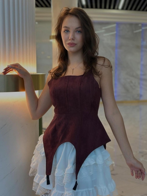 Women's Suede Camisole Sexy Spaghetti Strap Top Irregular Peplum Hem Corset Style Tank Top For Party Streetwear Wine Red