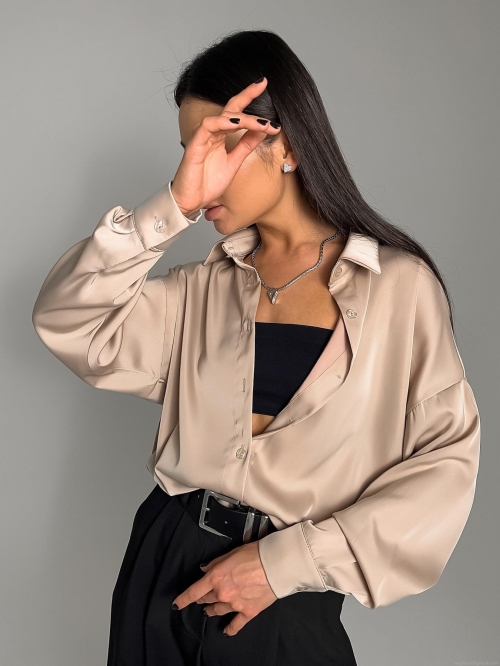 Women Elegant Acetate Satin Long Sleeve Shirt Glossy Silk Finish Office Commute Blouse Solid Color Loose Button Down Top 2025 Spring Fashion