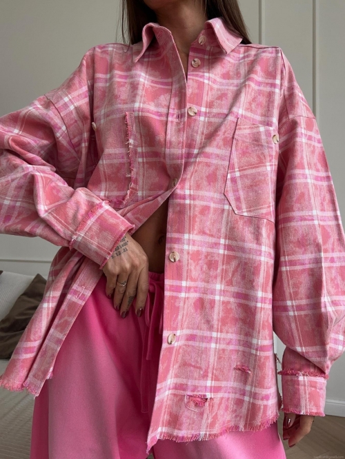 Women Oversized Pink Plaid Shirt Long Sleeve Cotton Distressed Frayed Hem Button Down Vintage Streetwear Casual Blouse Top