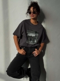 Women's Oversized T-Shirt Retro Graphic Photo Print Short Sleeve Cotton Blend Casual Streetwear Round Neck Top Dark Gray