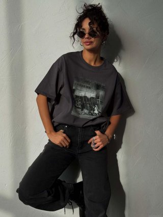 Women's Oversized T-Shirt Retro Graphic Photo Print Short Sleeve Cotton Blend Casual Streetwear Round Neck Top Dark Gray