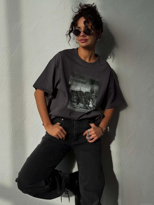 Women's Oversized T-Shirt Retro Graphic Photo Print Short Sleeve Cotton Blend Casual Streetwear Round Neck Top Dark Gray