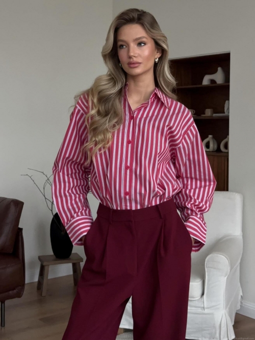 Women's Red and White Striped Long Sleeve Button Down Blouse Cotton Blend Slim Fit Office Work Shirt Elegant Casual Top