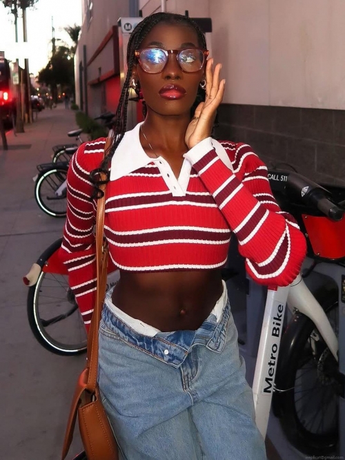 Women Striped Polo Neck Knit Crop Top Cotton Viscose Blend Long Sleeve Slim Fit Pullover Sweater Retro Y2K Streetwear Fashion Tops