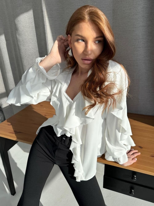 Elegant White Chiffon Ruffle Blouse For Women V-Neck Long Sleeve Flare Cuff Shirt Stylish Office Commuting Daily Casual Loose Fit Pullover Top