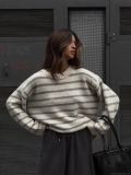 Women's Oversized Striped Knit Sweater Cotton Viscose Blend Loose Pullover Crewneck Long Sleeve Jumper Top Casual Streetwear For Spring Autumn Wear