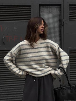 Women's Oversized Striped Knit Sweater Cotton Viscose Blend Loose Pullover Crewneck Long Sleeve Jumper Top Casual Streetwear For Spring Autumn Wear
