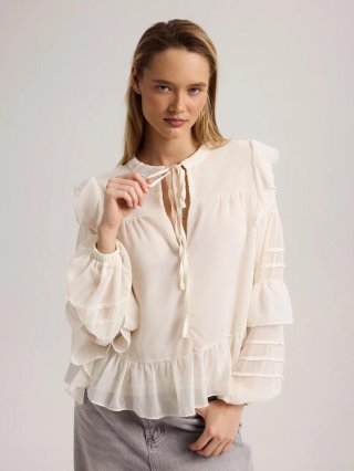 French Retro Ruffle Lace-up Chiffon Blouse Elegant Sheer Lantern Sleeve White Shirt for Women Spring Summer Commute Top