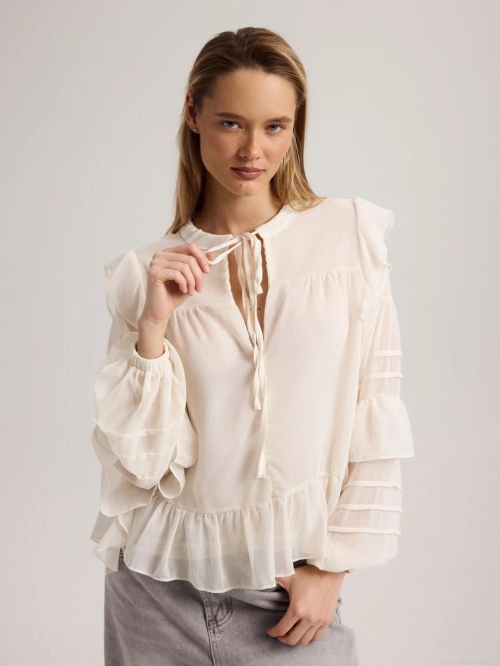 French Retro Ruffle Lace-up Chiffon Blouse Elegant Sheer Lantern Sleeve White Shirt for Women Spring Summer Commute Top