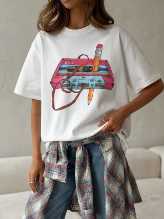 Women's Vintage Cassette Tape Graphic Print T-Shirt 80's Retro Cotton Blend Loose Fit Short Sleeve Round Neck Casual Streetwear Tee Top