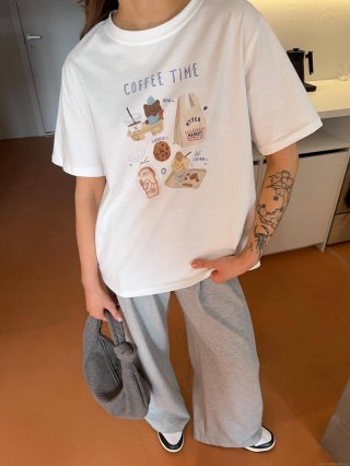 Women's Casual Cotton Blend T-Shirt Loose Fit Round Neck Short Sleeve Top Coffee Bear Print Graphic Tee Summer Streetwear