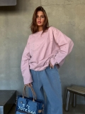 Women's Oversized Distressed Long Sleeve T-Shirt Cotton Blend Ripped Detail Crew Neck Streetwear Loose Fit Solid Pink Casual Pullover Tops
