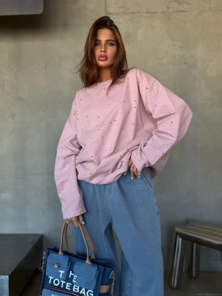 Women's Oversized Distressed Long Sleeve T-Shirt Cotton Blend Ripped Detail Crew Neck Streetwear Loose Fit Solid Pink Casual Pullover Tops