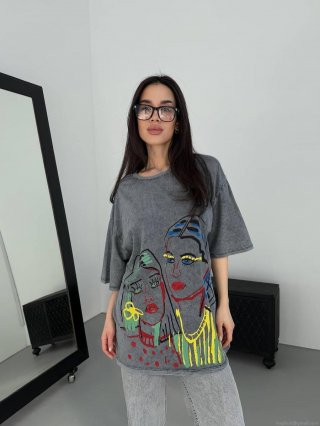 Women's 100% Cotton Oversized T-Shirt Vintage Acid Wash Grey Short Sleeve Top With Abstract Portrait Art Print Casual Streetwear Fashion Tee