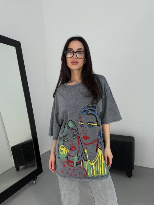 Women's 100% Cotton Oversized T-Shirt Vintage Acid Wash Grey Short Sleeve Top With Abstract Portrait Art Print Casual Streetwear Fashion Tee