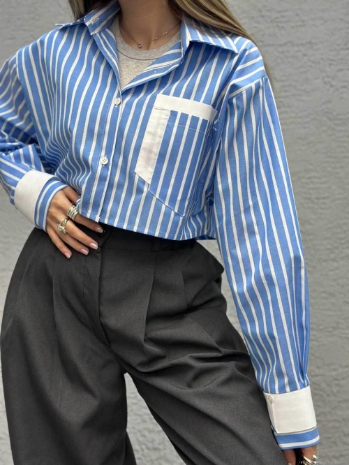 Women's Striped Cropped Shirt Long Sleeve Cotton Blend Contrast Lapel Patchwork Pocket Blouse High Street Casual Spring Summer Top